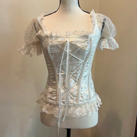 White Brocade Princess Renaissance Fair Corset Top Size M - Picture 2 of 10